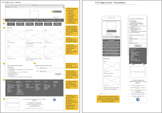 Wireframe da página inicial em versão desktop e mobile