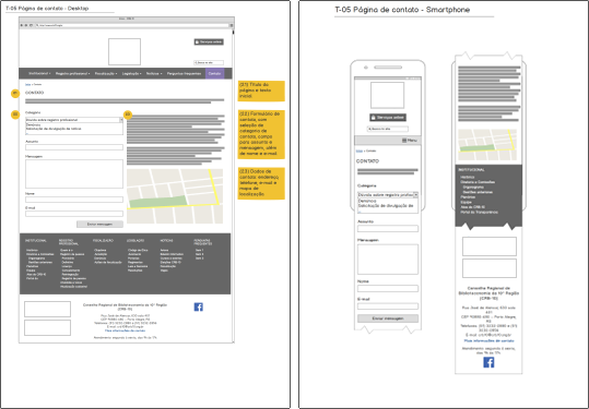 Wireframe da página de contato em versão desktop e mobile